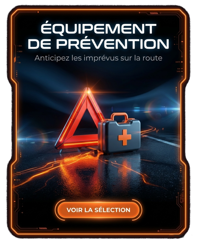 Vignette technologie de sécurité embarquée : dashcam futuriste avec interface holographique bleue, design high-tech premium sur fond sombre.